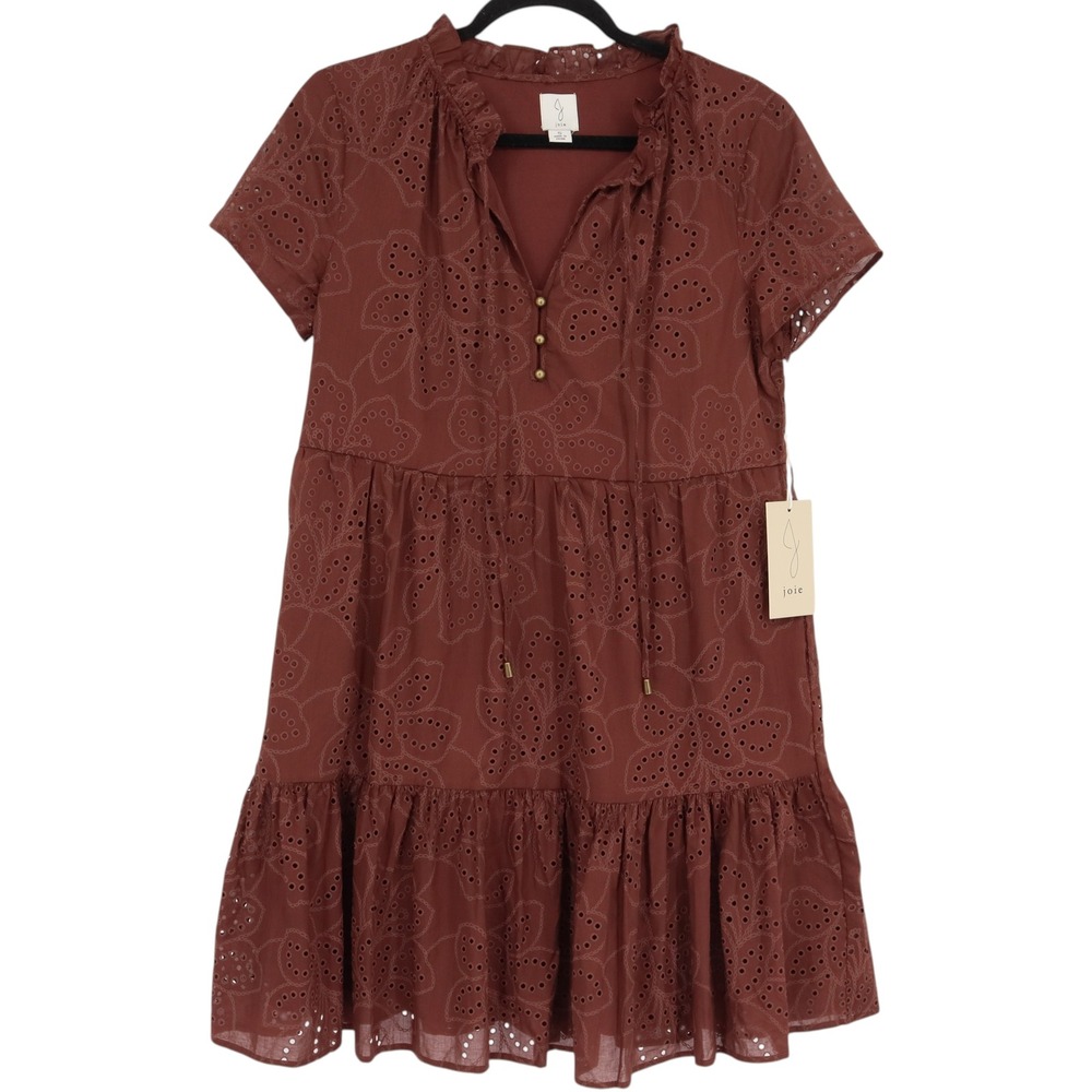 Joie Womens Chocolate Floral Eyelet Tiered Mini Dress Short Sleeve Size S NWT